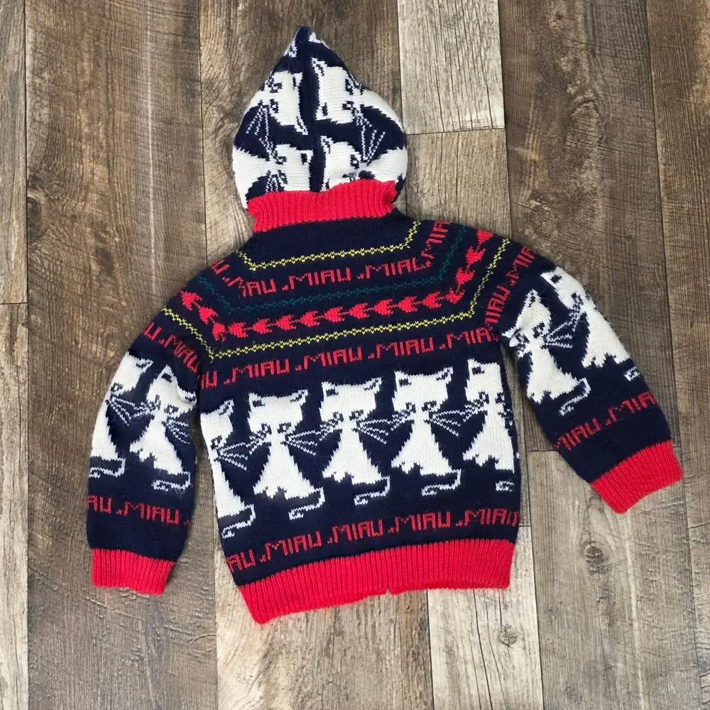 Vintage Kids Reversible Cat Sweater Hoodie Navy Red Zip Cardigan Novelty